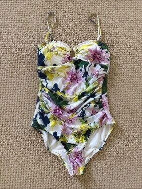 Anthropologie Women’s Ruched Floral One-Piece Swimsuit in White, Pink & Yellow